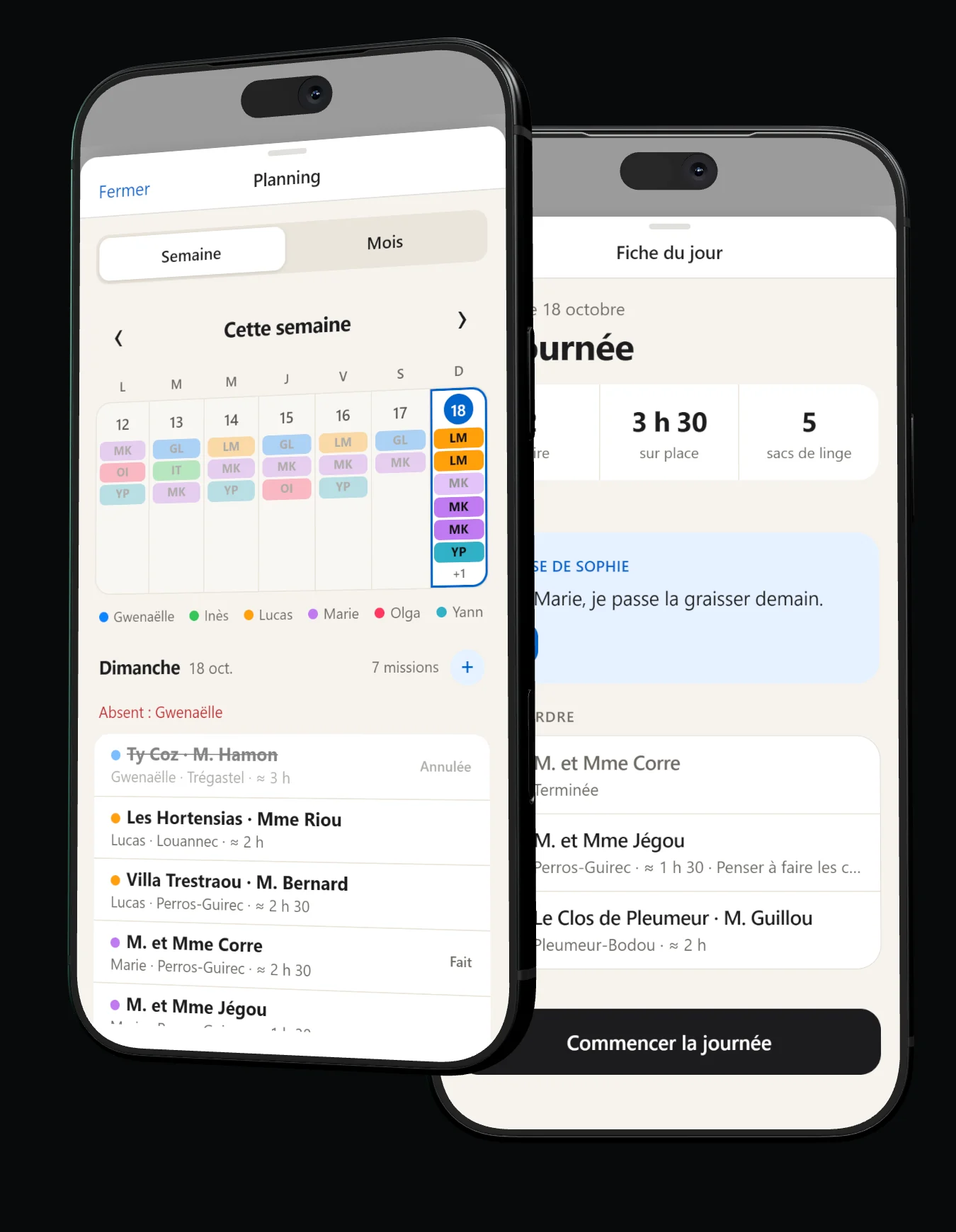 Deux écrans de l'appli pour conciergeries sur un iPhone : le planning de l'équipe pour la semaine, et la journée d'une employée