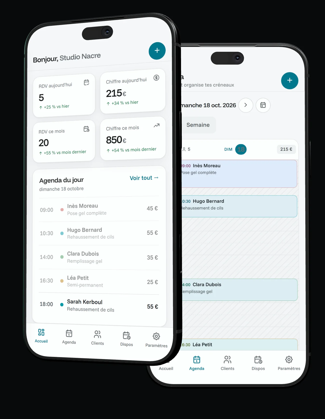 Deux écrans de l'appli TrimSync sur un iPhone : l'accueil avec les rendez-vous et le chiffre du jour, et l'agenda du jour